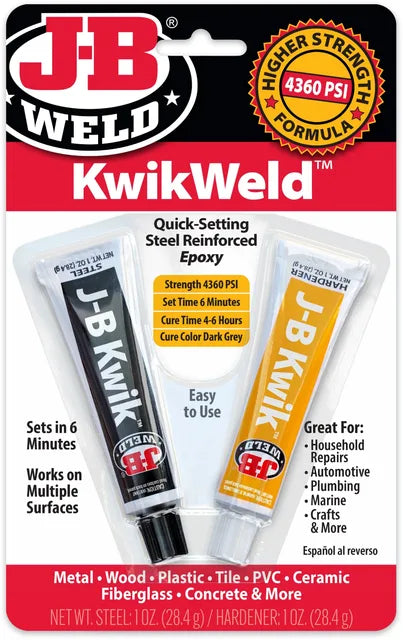 J-B Weld KwikWeld quick-setting epoxy twin tubes showing 4,360 PSI